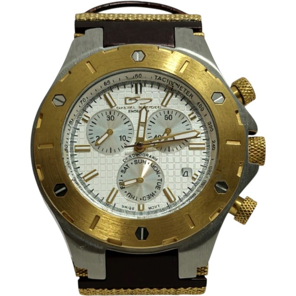 Daniel Steiger Men's Watch Round Silver & Gold/wt Date Chrono Dial Leather Band!